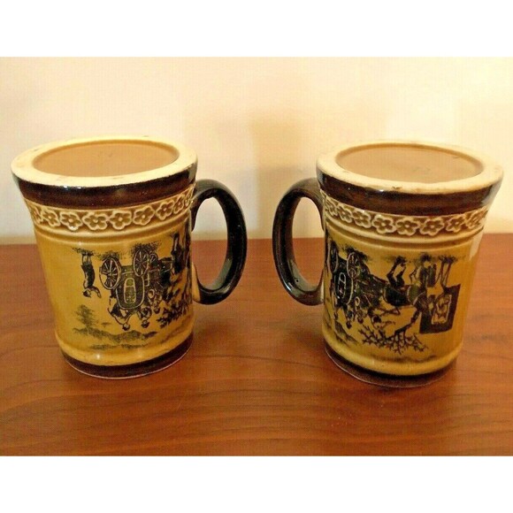Steins Vintage Japan Victorian Carriage Stagecoach Scene Mugs Relco Set of 2 - Picture 10 of 11